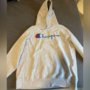 Champion Gray Hoodie with Blue and Red Logo